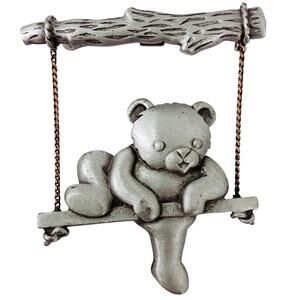 VTG Signed JJ Teddy Bear On Swing Pewter Tone Figural Brooch 1980s Cute Adorable